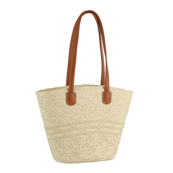 Summer Cream Woven Tote Shoulder And Tote Bag with Tan Straps - Picture 3 of 6